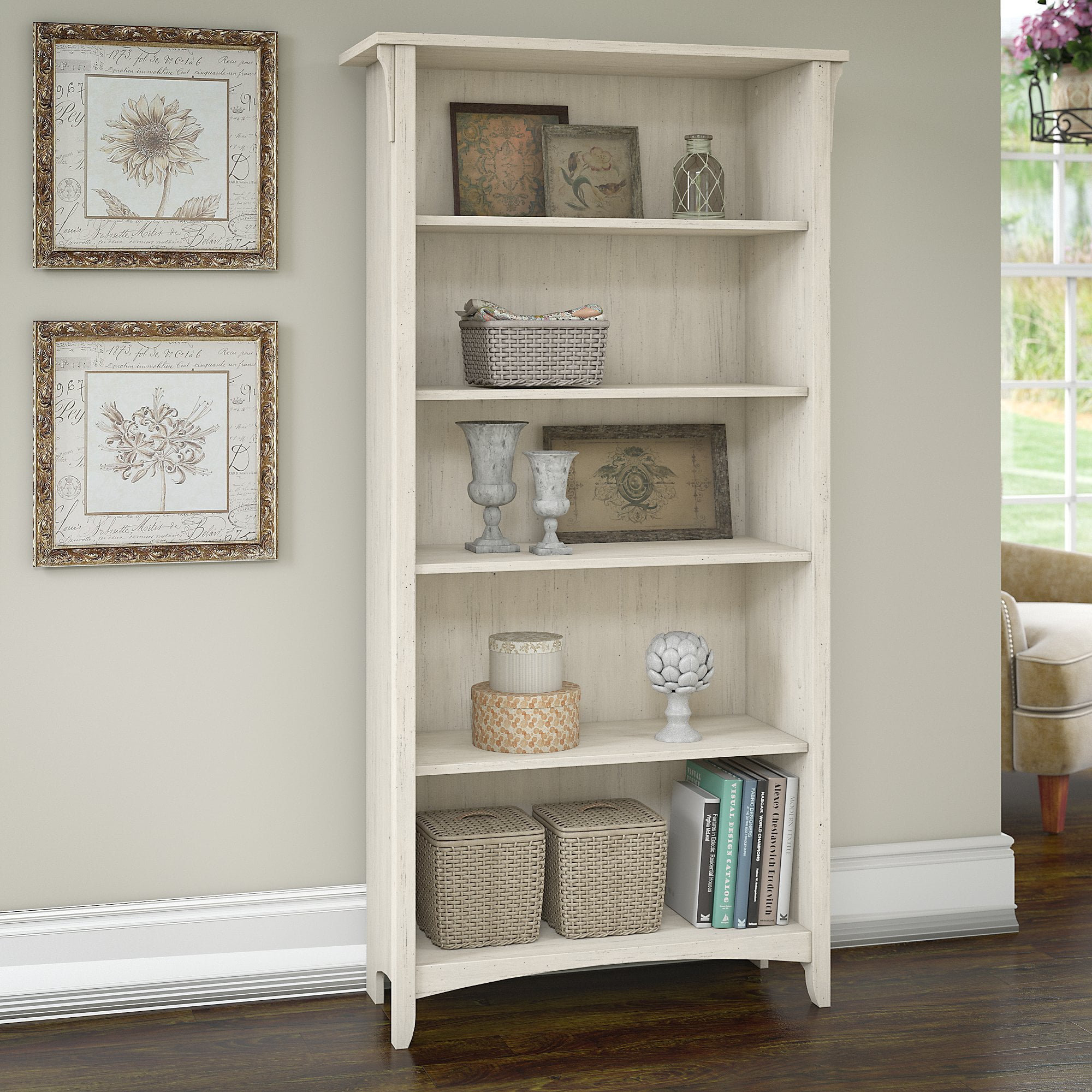 White Bookcase Wide 5 Shelf Set of 2 Pcs Adjustable Wood Bookshelf Storage 