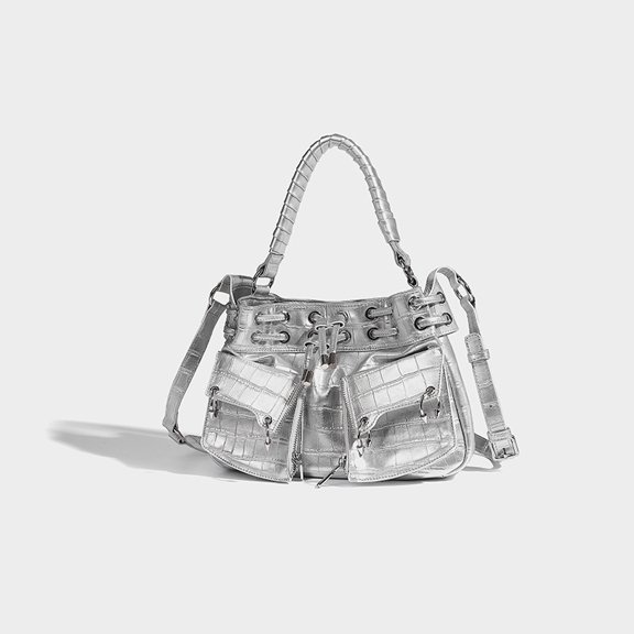 Women's Crossbody Bag - Urban Simplicity, Silver Crescent, Large Capacity, Chic Design