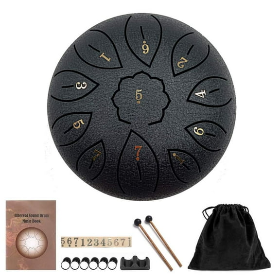Steel Tongue Drum 6 Inch 11 Notes, G tone Hand Pan Drum with Carry Bag, Music Book, Mallets, Finger Picks, Stickers for Kids Adults Beginner Gift for Families/Friends(Black)
