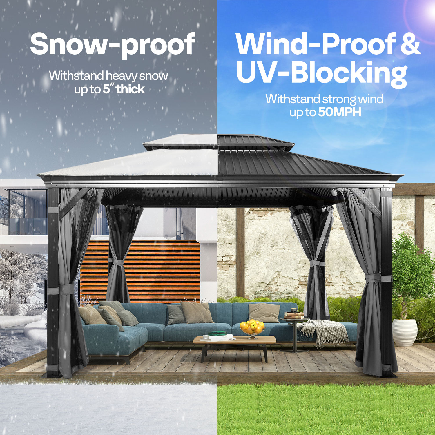VIVOHOME 10' X 13' Permanent Hardtop Gazebo, Aluminum Frame with Galvanized Steel Double Roof, Curtains and Netting Included