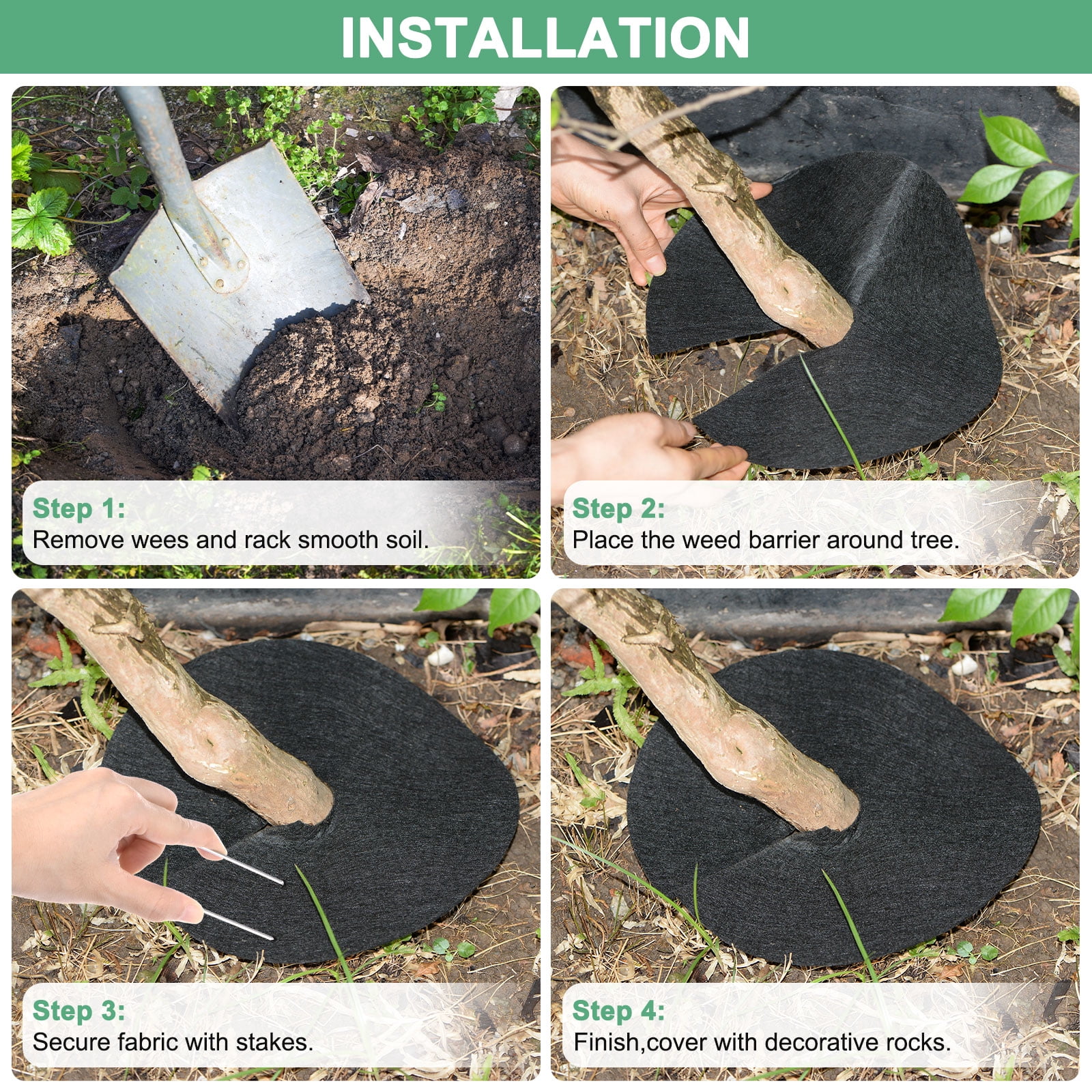 4-Pack Non-Woven Tree Mulch Ring, 20.5 Inch Tree Protector Mat W 16 Pcs Stakes for Plant Root Protection [Black]