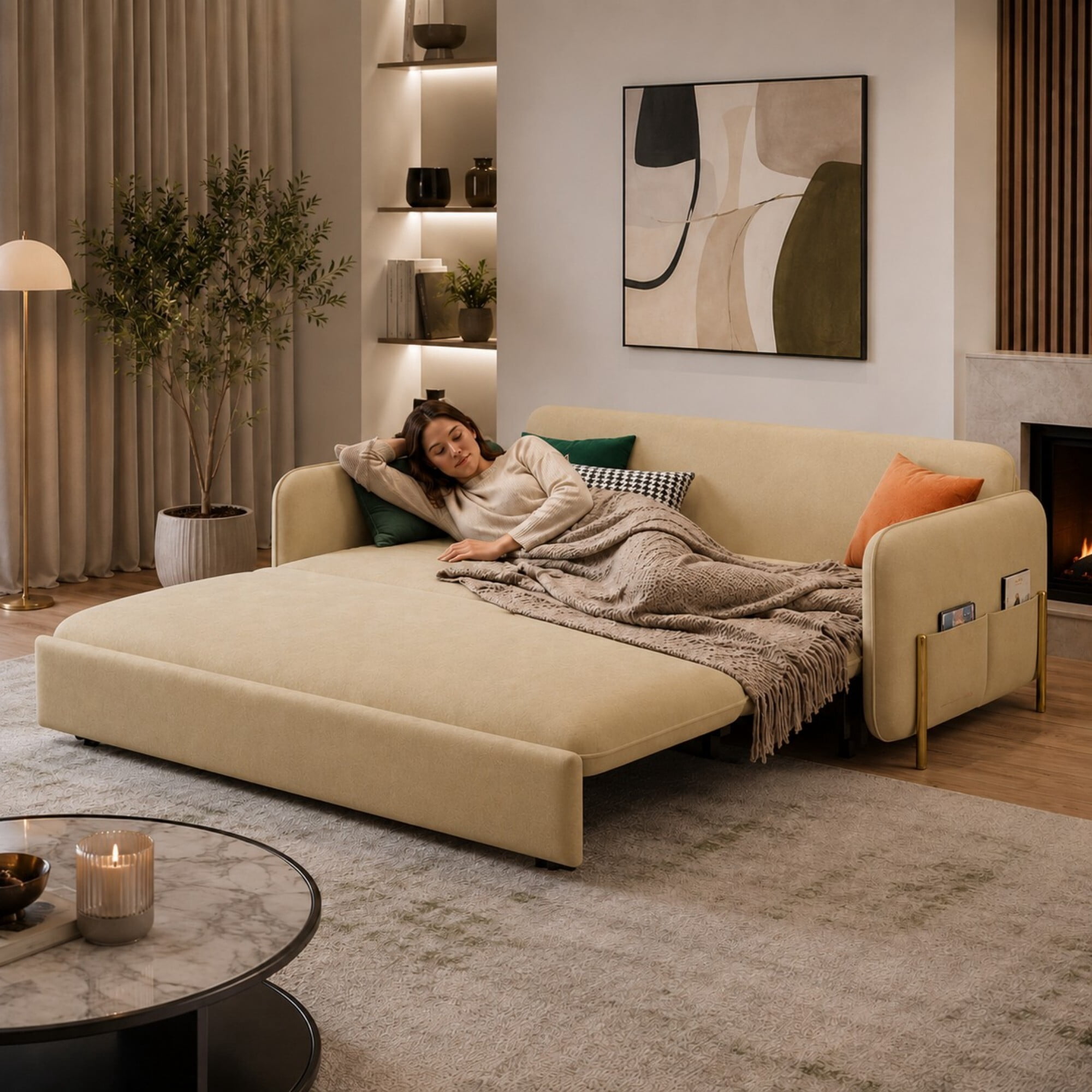 DEALTOPS 79" Pull Out Sofa Bed with Storage Drawers, Velvet Sleeper Sofa Couch, Beige
