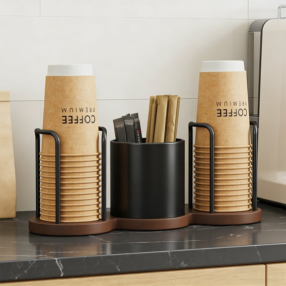 Cififendec 2-in-1 Wood Base Coffee Cup & Straw Storage Holder, 12.5", Countertop Organizer for Cafe Disposable Cup & Coffee Packet Arrangement
