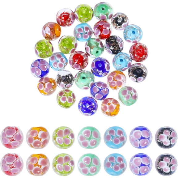 28Pcs 7 Colors Luminous Handmade Gold Sand Lampwork Beads Glow inthe Dark Round Mixed Color 12.5mm Hole: 1.6mm