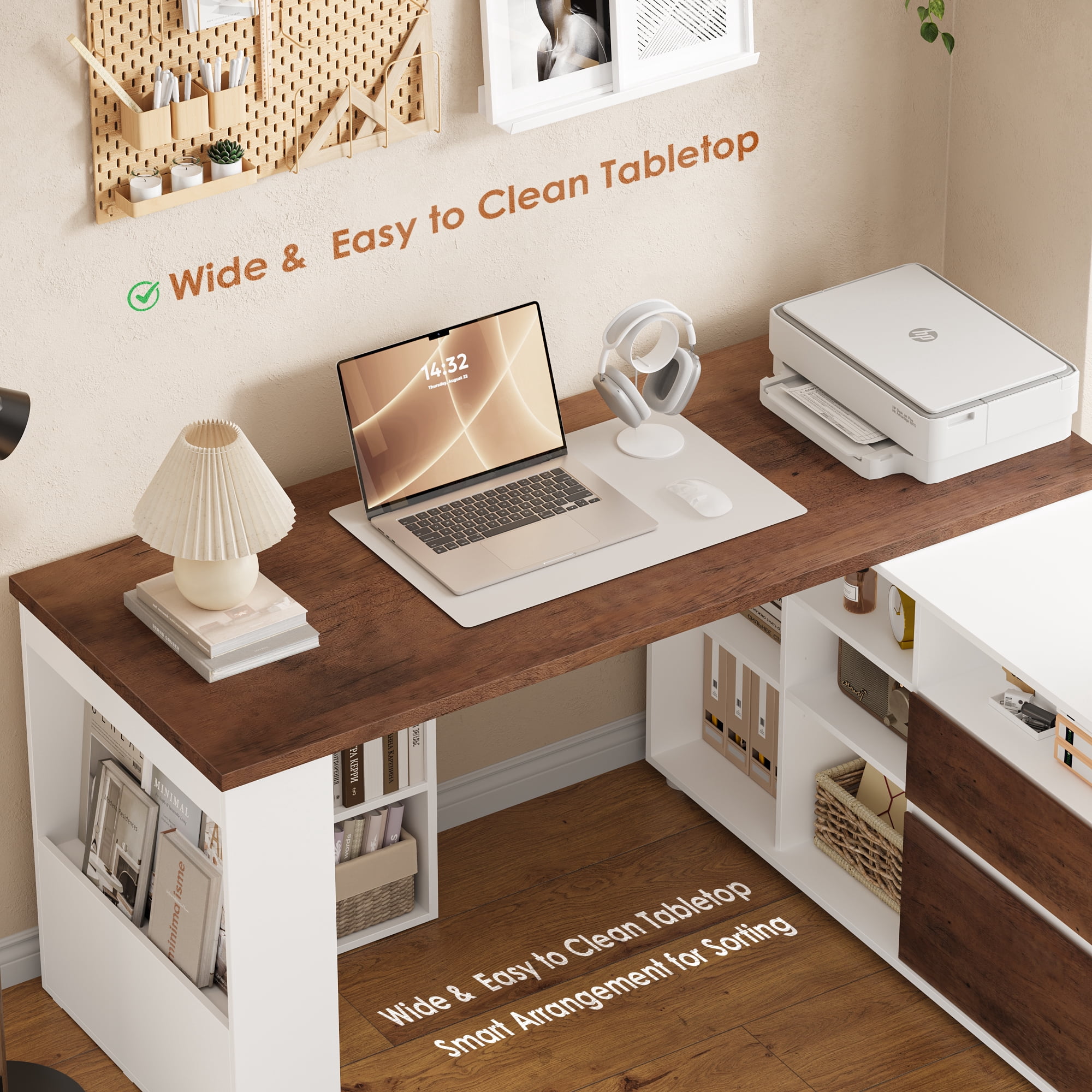 Homfa L Shaped Reversible Computer Desk with Cube Storage Organizer, 2 Drawer Wooden Farmhouse Executive Desk for Home Office, White