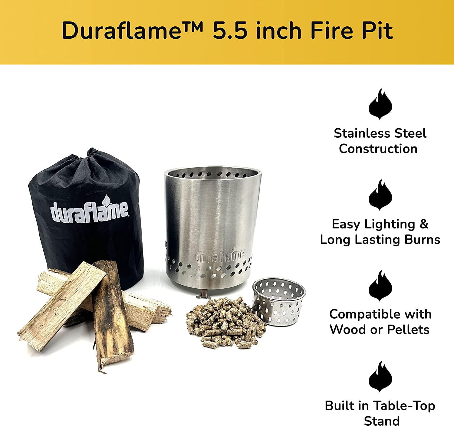 Duraflame 5.5 inch Table Top Fire Pit with Built-in Stand & Removable Grate, Low Smoke, Portable Mini Fire for Outdoor Use, Wood or Pellets, Double Walled Stainless Steel, with Travel Bag Included.