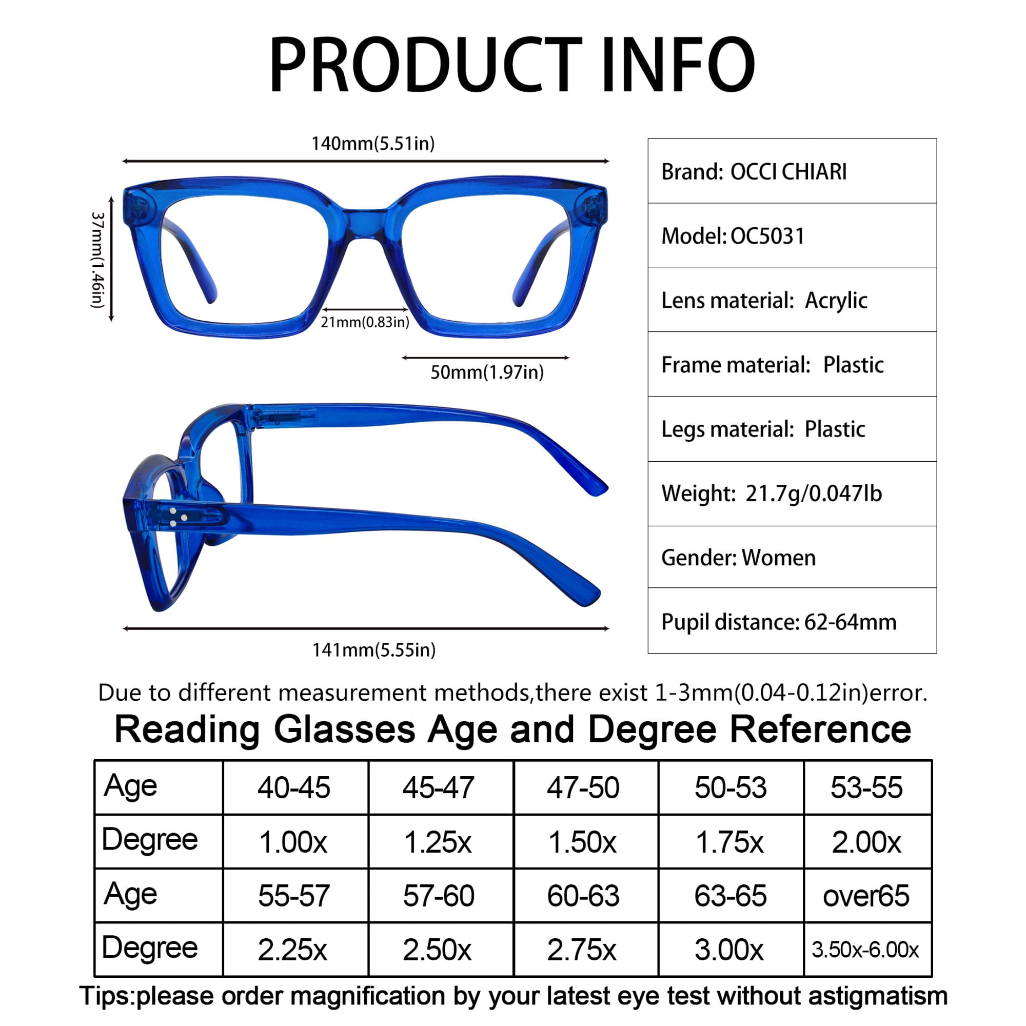 OCCI CHIARI Reading Glasses Women 1.75 Big Readers for Large Lady Clear Lens (1.0 1.25 1.5 1.75 2.0 2.25 2.5 2.75 3.0 3.5 4.0) with Arylic Lens (Blue, 175)