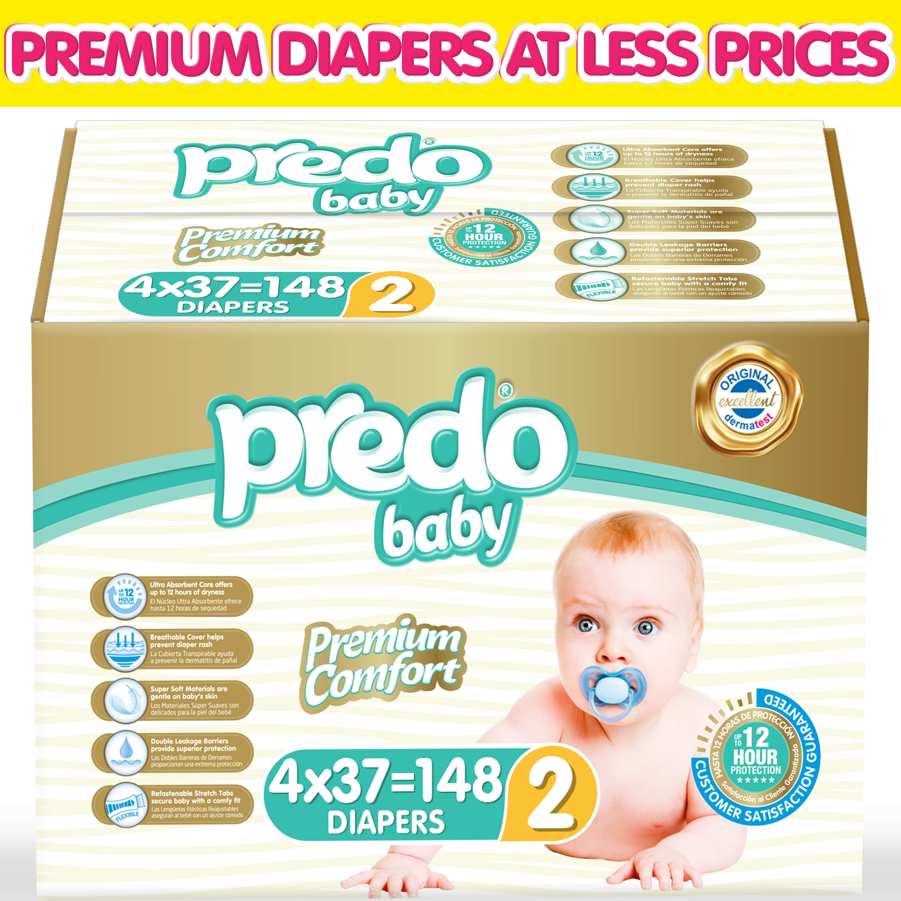 Predo Baby Diapers, Size 2, 148 Diapers, Hypoallergenic, Unscented