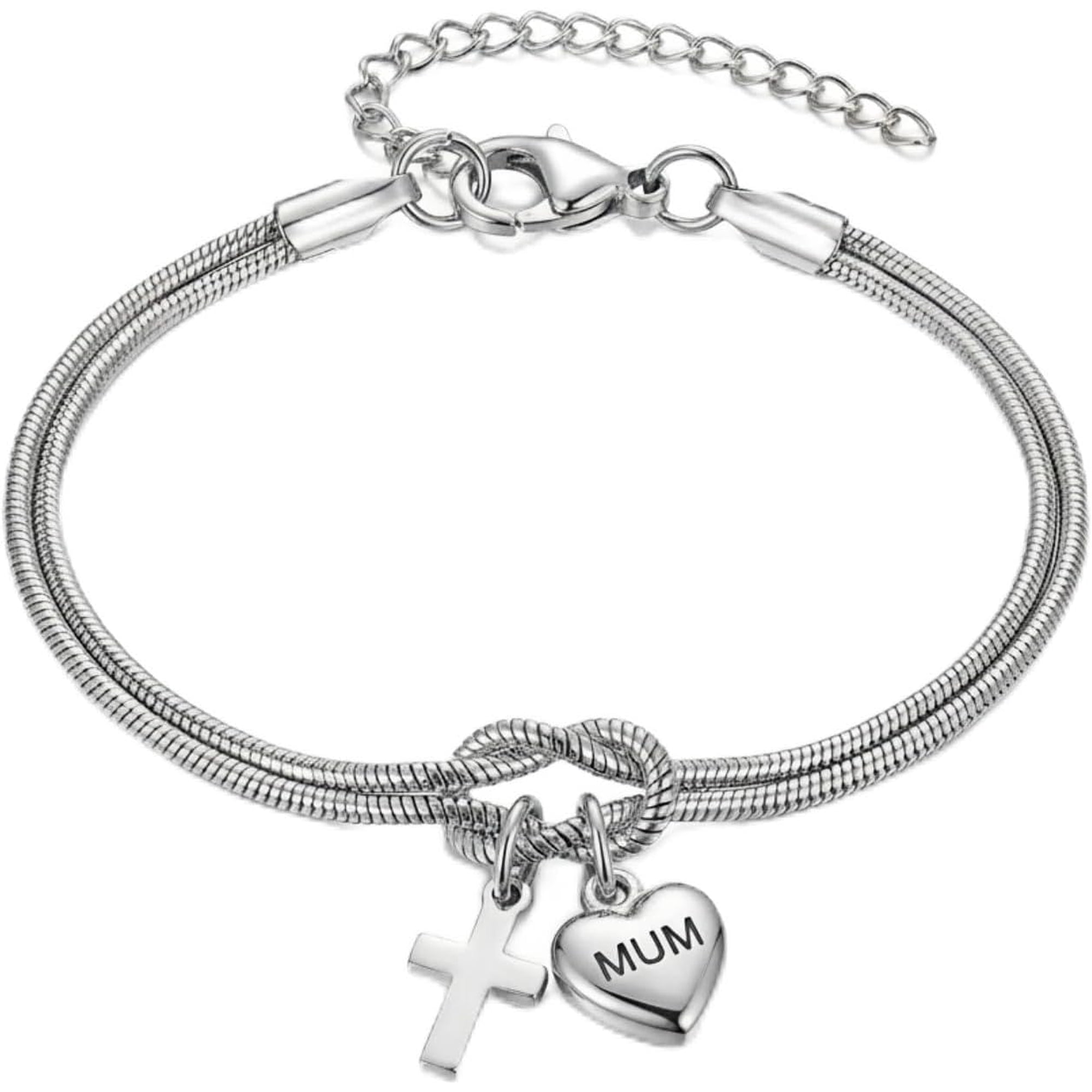 Stainless Steel Mom Heart Cross Pendant Love Knot Snake Chain Bracelet, No Rust Jewelry, Mother's Day Birthday Christmas Gift for Mom from Daughter Son