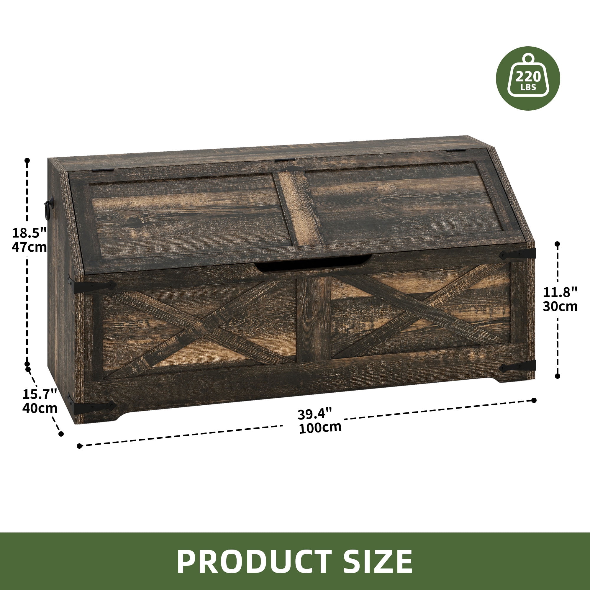 Uforic 39.4" Farmhouse Storage Chest with 4 Wheels, Wooden Storage Trunk with Safety Hinge, Storage Bench Storage Box - Rustic Brown