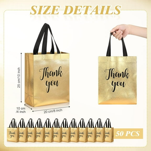 50 Pcs Glossy Thank You Gift Bags with Handles for Wedding, Birthday, Party, Holiday - Reusable Non Woven Bags