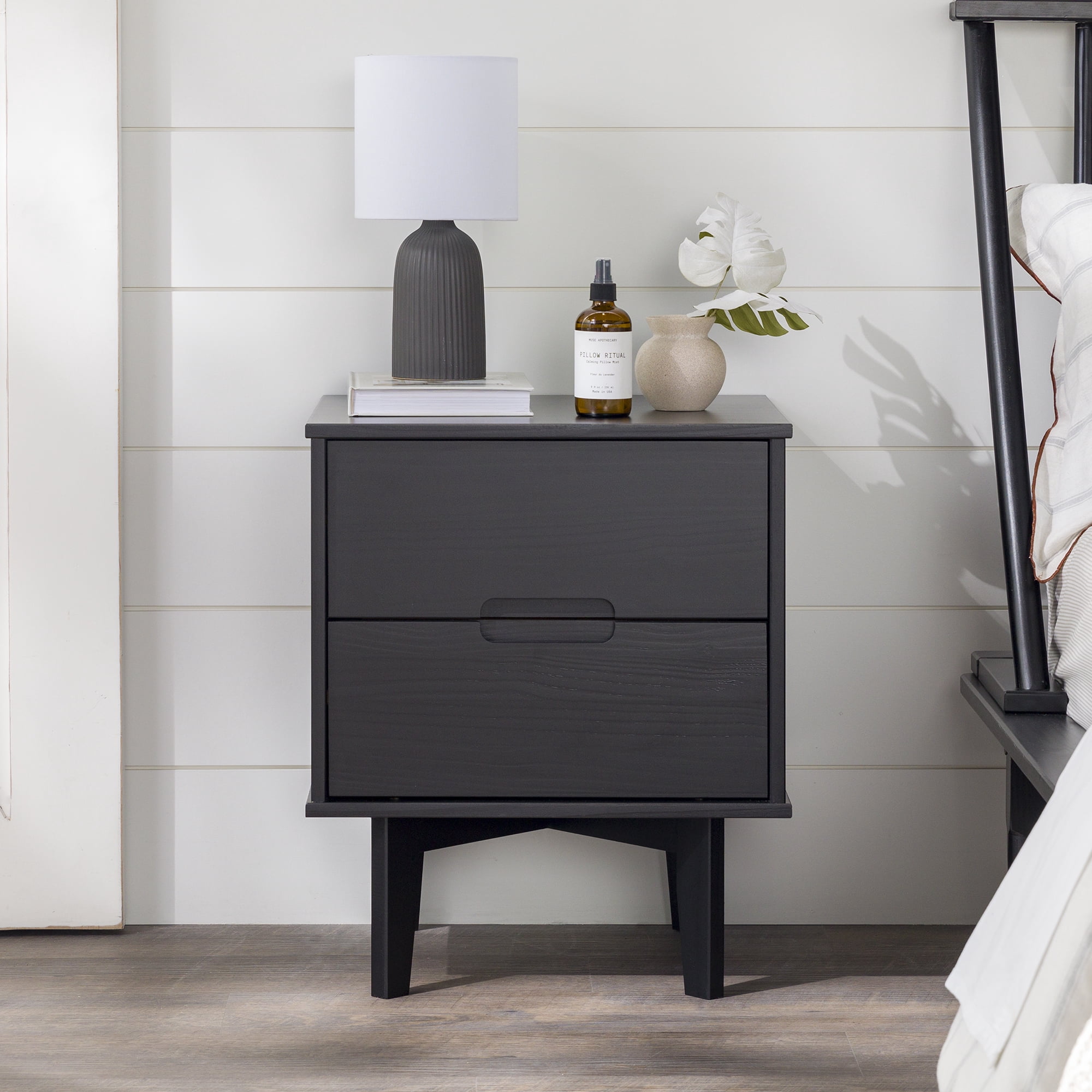 Walker Edison 2-Drawer Groove Handle Solid Wood Nightstand – Black