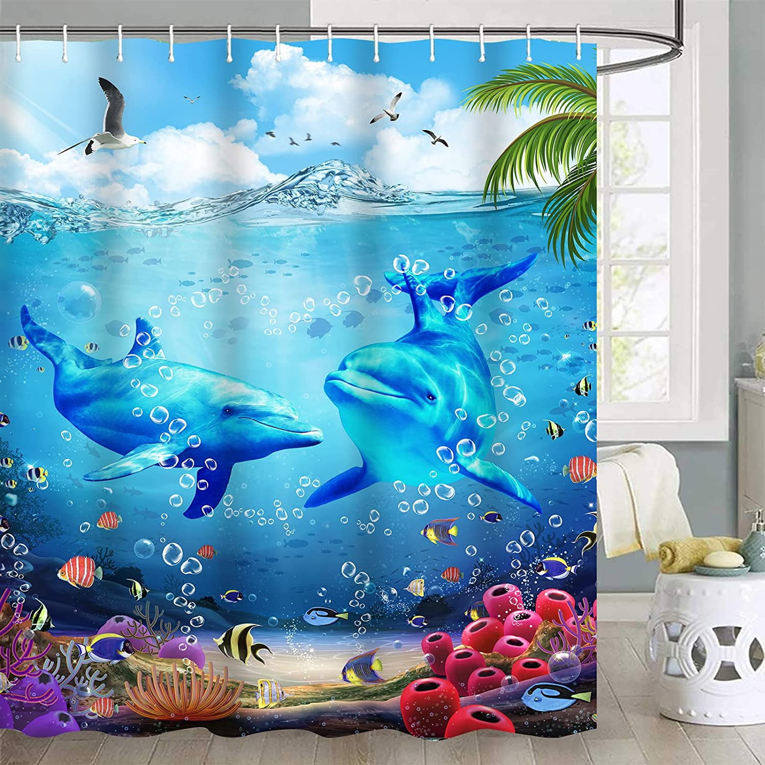 Blue Dolphin Shower Curtain and Rug Sets, 4 Pc Ocean World Bathroom Sets