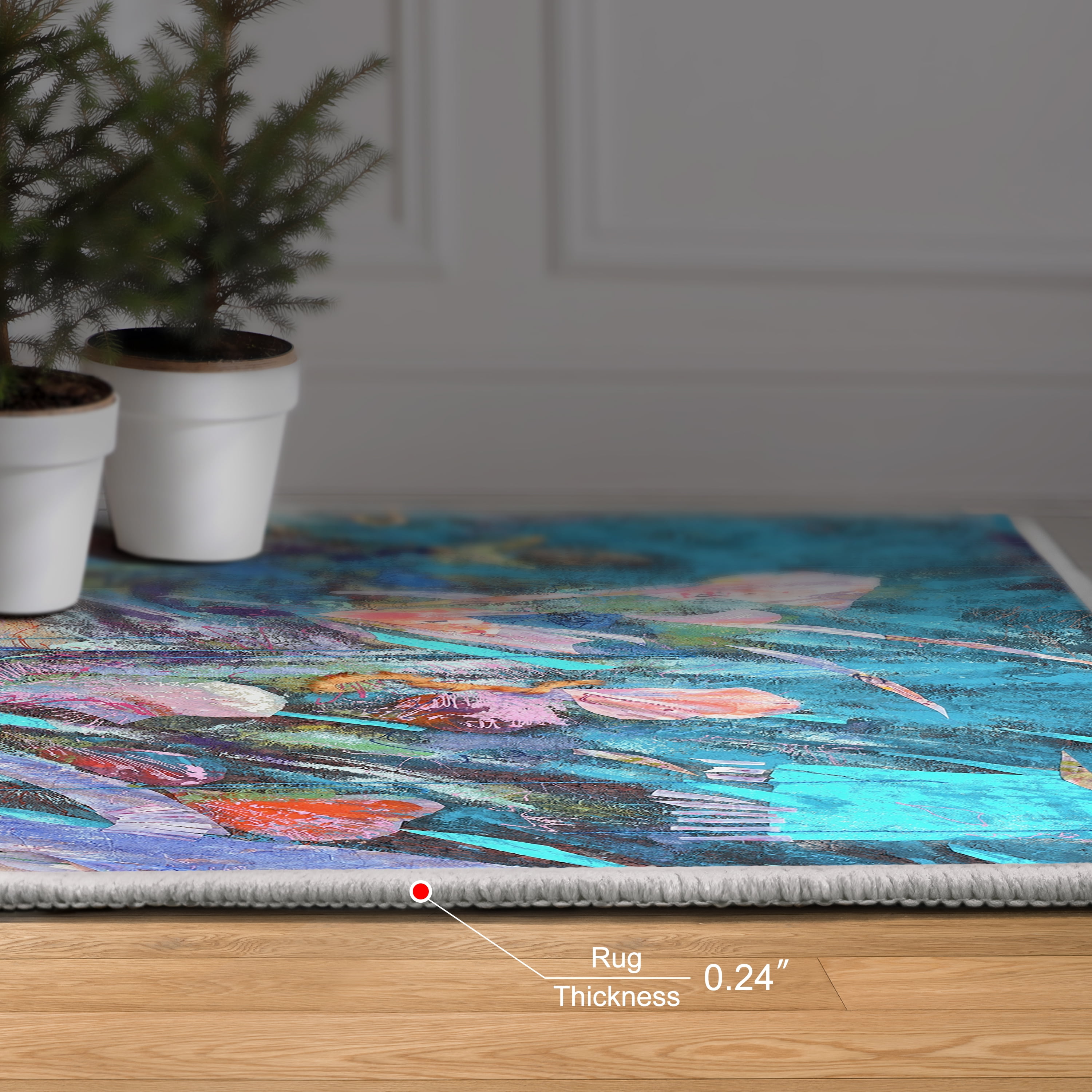 Blue Floral Efflorescence Washable Art Area Rug size 8'x10', Power-loomed, Heavenly Softness with Non-Slipping Backing