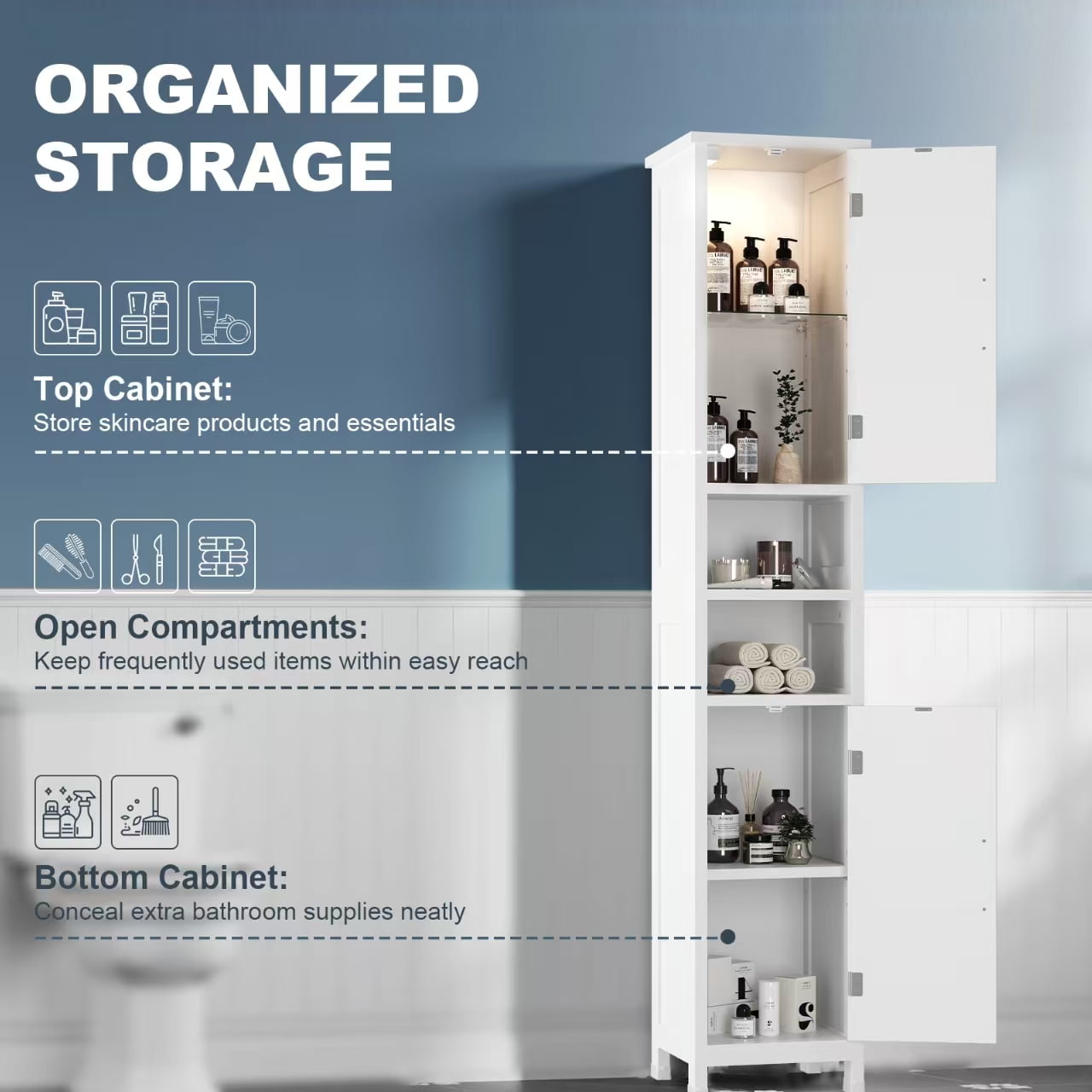 Selooye Tall Bathroom Storage Cabinet with Lights, Adjustable Shelves, White