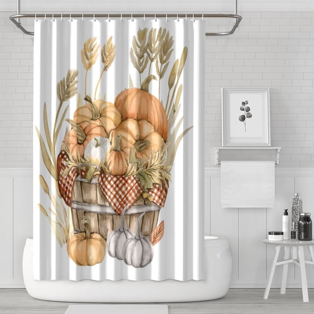 Rideau de Douche d'Automne avec Citrouilles de l'Action de Grâce, Rideaux de Baignoire Réutilisables avec Crochets, Rideaux en Tissu Polyester Vintage pour l'Halloween, l'Action de Grâce, Noël, Hôtel, Dortoir