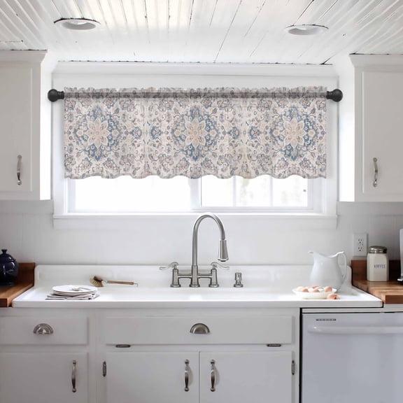 Vintage Blue Boho Valance Curtains for Kitchen/Living Room/Bathroom/Bedroom Window, Mexican Flowers Southwestern Ethnic Rod Pocket Small Topper Half Short Window Curtains Voile Sheer Scarf 54"x18"