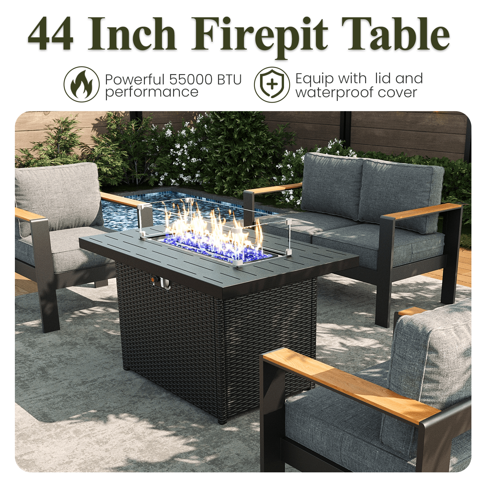 LayinSun Outdoor Aluminum Furniture Set with Fire Pit Table, Modern Patio Conversation Sets for Porch, Backyard