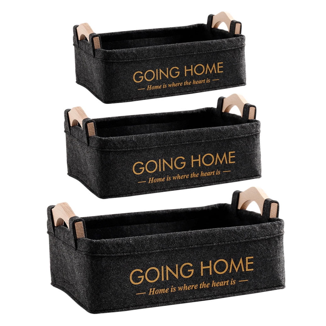 Milisten 3Pcs Black Baskets for Organizing Non-woven Fabrics with Wooden Handle Design for Living Room