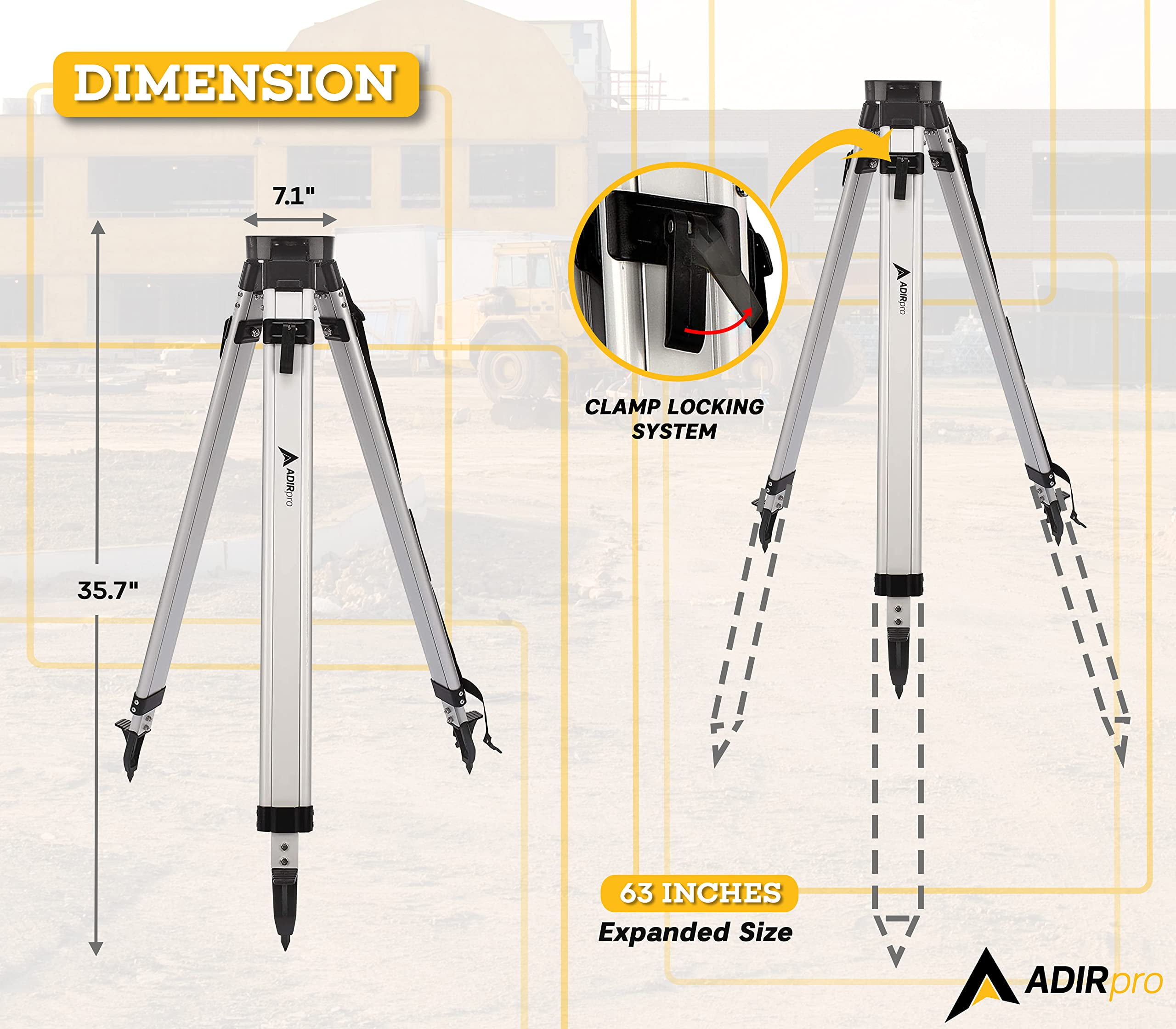 AdirPro Universal Survey Tripod – Laser Level Tripod – Transit Level Tripod - Quick Clamp - Heavy Duty Contractor Tripod 5/8” x 11” Thread (Black Aluminum)