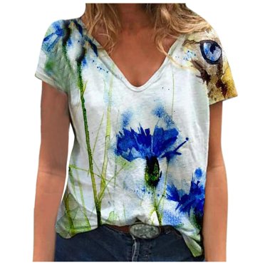 AMERTEER Femmes Décontracté Col en V Imprimé Manches Courtes Hauts Blouse T-Shirt pour Femmes