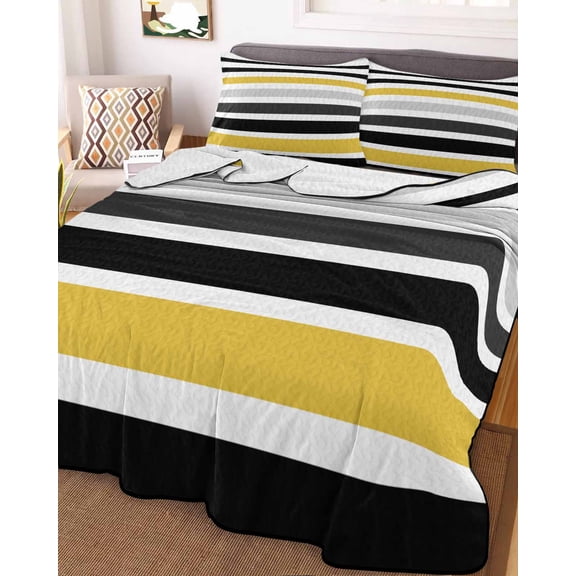 Yellow Black Stripe Queen Size Down Alternative Comforter, Lightweight Comforter Quilt Bedding Set with Pillow Shams Modern Abstract Art Coarse Striped All Seasons Bed Comforter Duvet Insert 90"x96"
