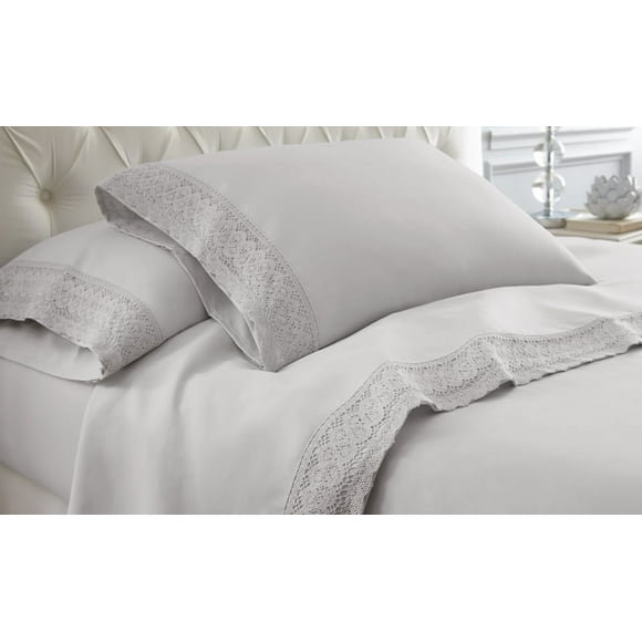 Amrapur Overseas 4-Piece Crochet Lace Bed Sheet Set, King, Dove Grey