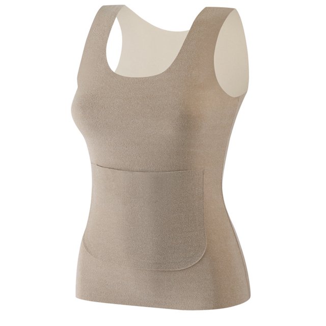 RXIRUCGD Femmes Couleur Unie Col Rond Sans Manches Poches avant et Oreilles Version Fine Haute Élasticité Deux Tons sous-Vêtements Chauds Haut (Kaki, Taille:TG)