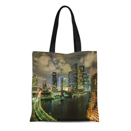 SIDONKU Canvas Tote Bag Night Miami Skyline Colors Lights Best Top Reusable Handbag Shoulder Grocery Shopping