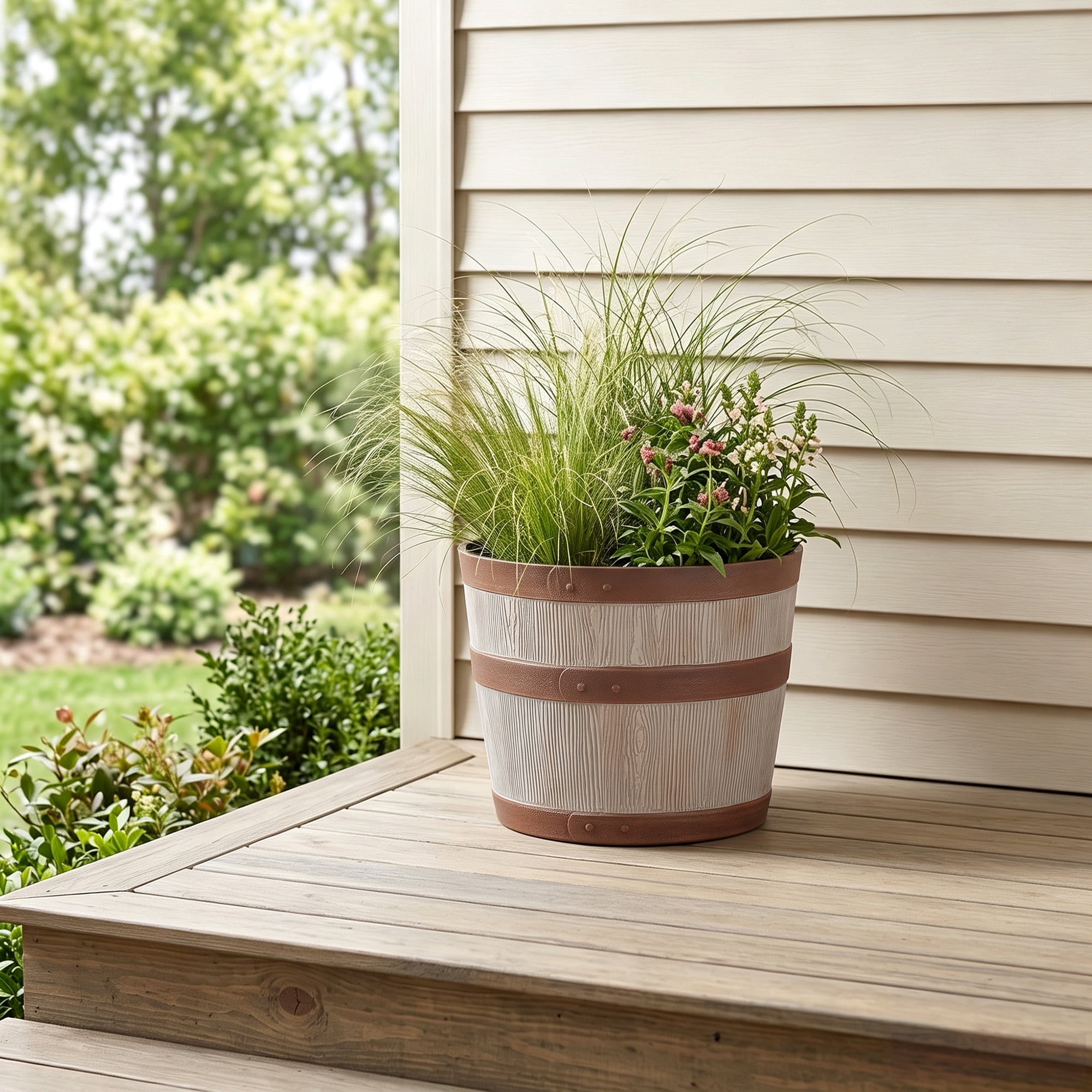 Better Homes & Gardens Whiskey Barrel Round Recycled Resin Planter, Light Brown, 12.9 in x 12.9 in x 10 in