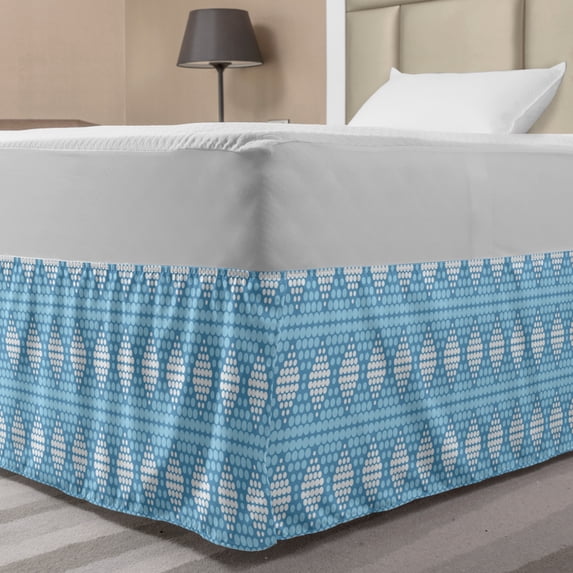 Abstract Bed Skirt, Diamond Motifs Consisting of Dots in Pastel Tones Pattern, Elastic Bedskirt Dust Ruffle Wrap Around for Bedding Decor, 4 Sizes, Pale Sky Blue White, by Ambesonne