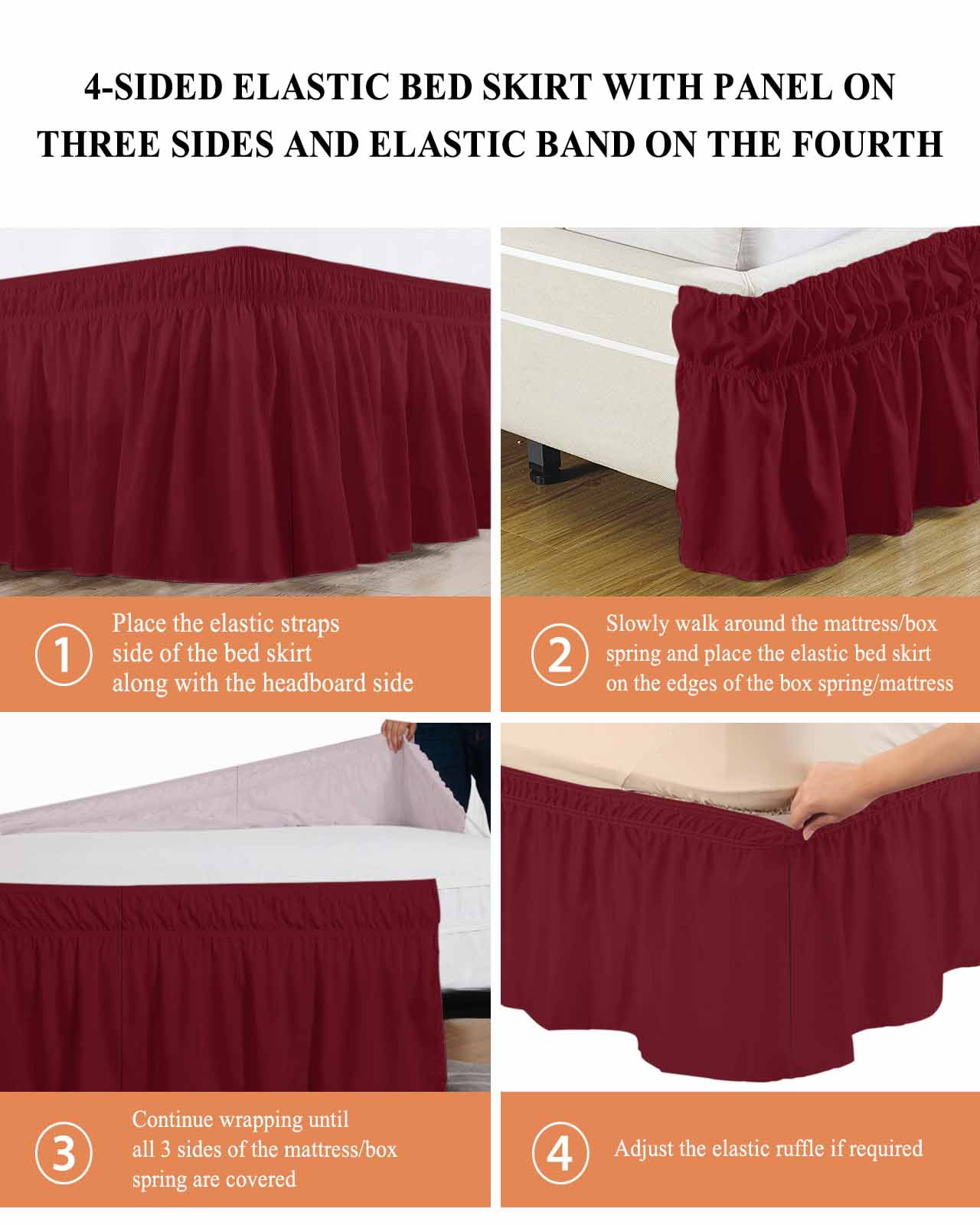 Solid Color Bed Skirt King Size 16" Drop Wine Red Ruffled Wrap Around Bed Skirts Adjustable Elastic Bedskirt Dust Ruffle for King Size Bed