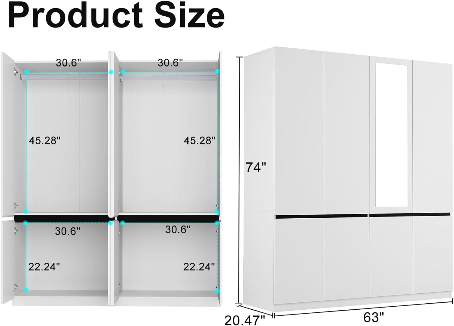 VINFORM Modern Mirrored Armoire Closet for Bedroom, 4 Door Wardrobe with Hanging Rods, White