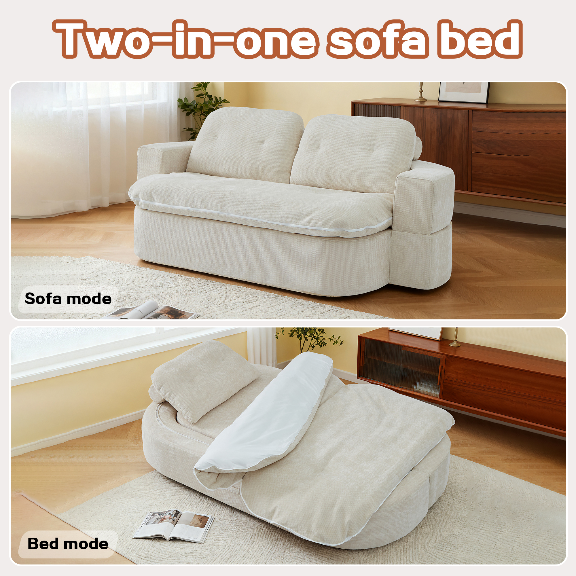 Jopath Sleeper Sofa Bed with 2 Pillows,Corduroy Convertible Futon Sleeper Sofa Couch,Modern Floor Sofa Bed,Folding Mattress for Living Room,Small Spaces,Beige