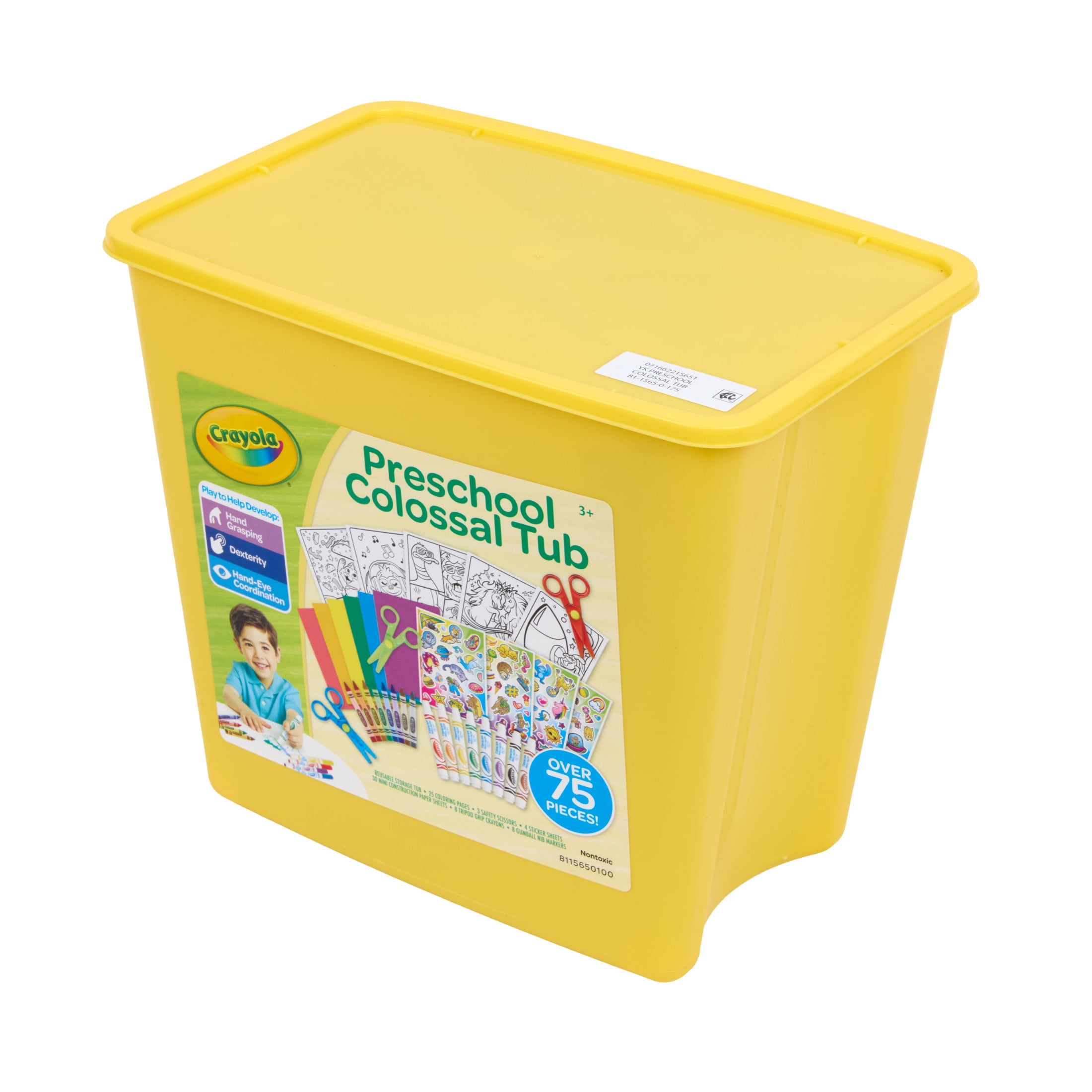 Crayola Young Kids Preschool Colossal Tub, Arts and Crafts Kit, Tipod Markers, Safety Scissors, Creative Toddler Gift, Ages 3, 4, 5, 6