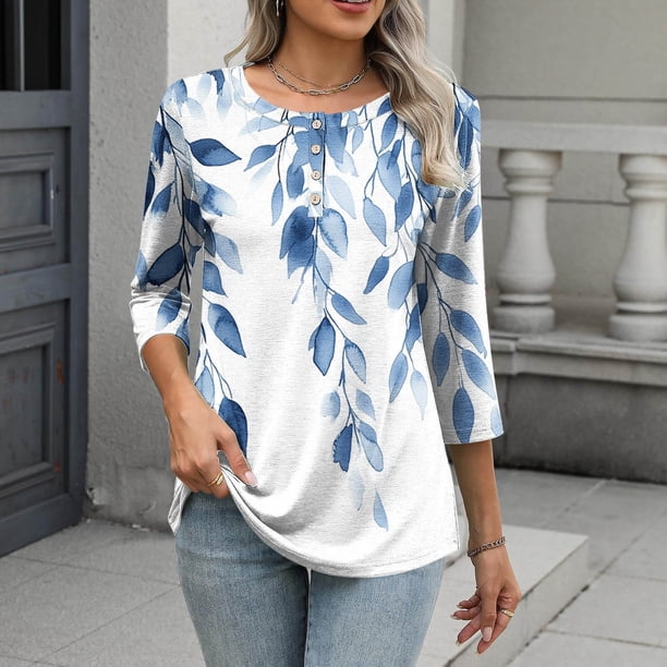TaTaai Daily Wear T-Shirt Soft Skin-Friendly Women's Fashion Printed Button Round Neck 3/4 Sleeve Loose Casual All Season Fashion Top Gift