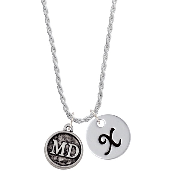 Delight Jewelry Silvertone Doctor Caduceus Seal - MD Silvertone Script Initial Disc - X - Charm Necklace, 20"+3"