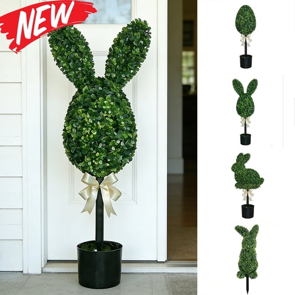 KOYPTL 30 Inch Artificial Boxwood Easter Bunny Egg Topiary Green Topiary Tree Pot with Faux Boxwood Bush – Easter Spring Home Decor,Table Centerpiece Garden Patio Outdoor Indoor Decor