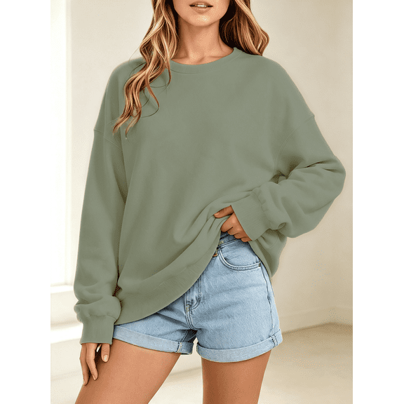 Women Oversized Crew Neck Sweatshirt, Solid Color Long Sleeve Loose Fit Fleece Casual Pullover Top for Daily Wear