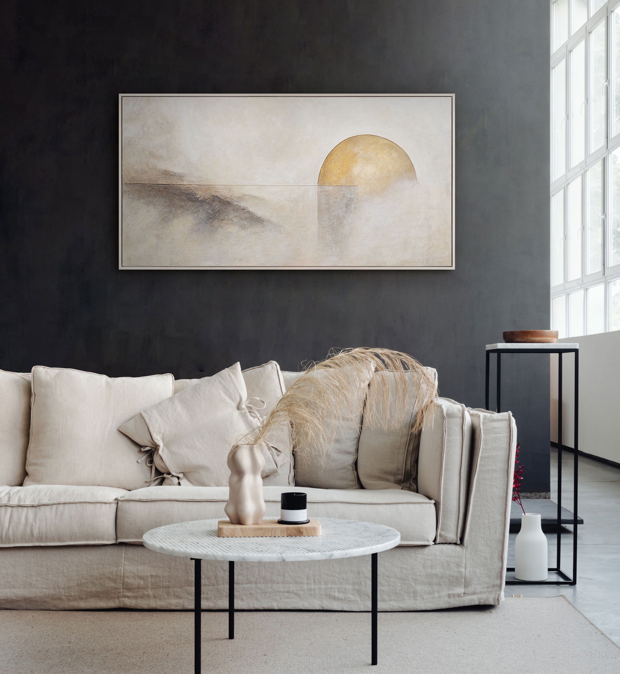 YS-Art Horizon Line Neutral Wall Art Texture Hand Painted Framed Wall Art Abstract Painting Beige Frame 48x24 in