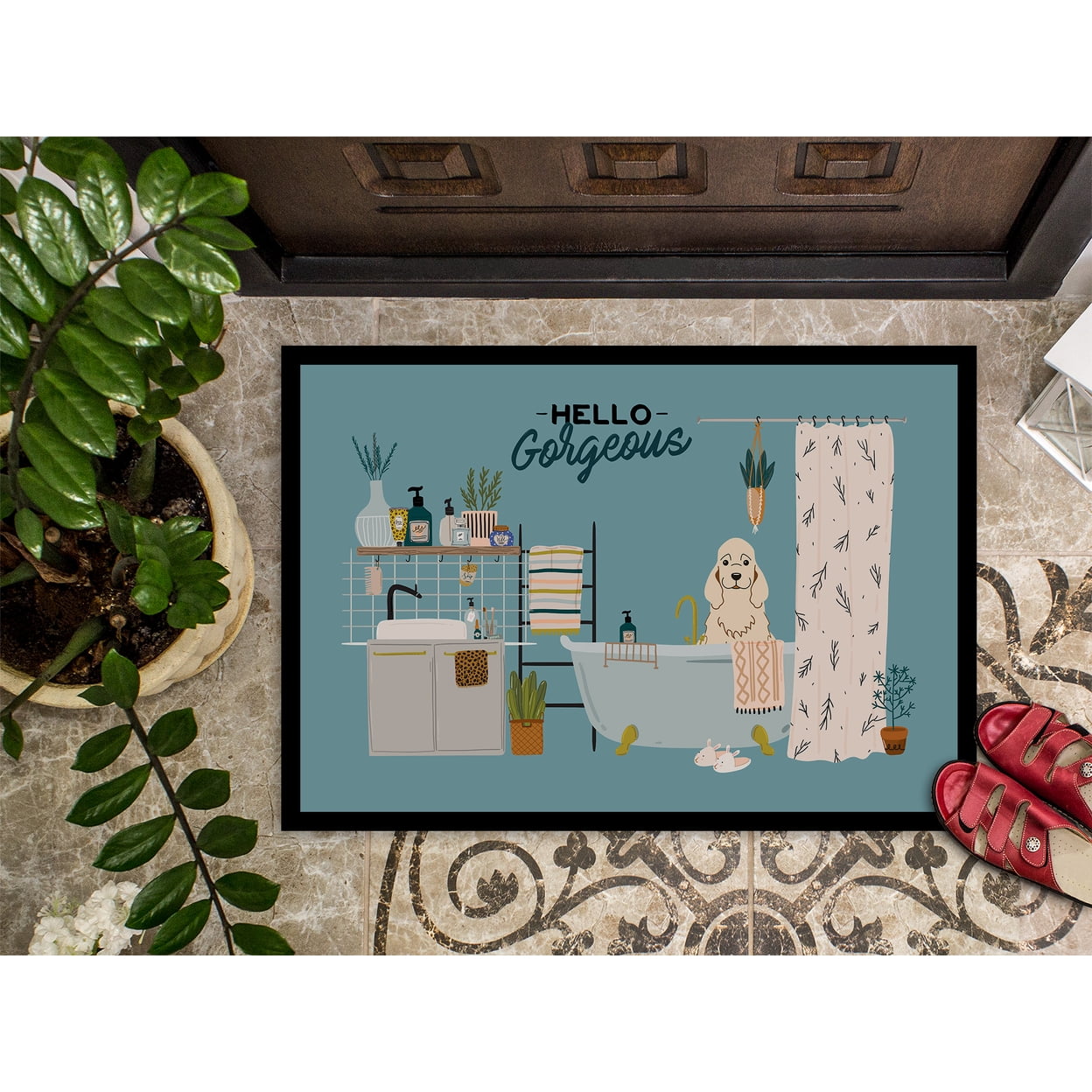 Buff Cocker Spaniel in Bathtub Door Mat