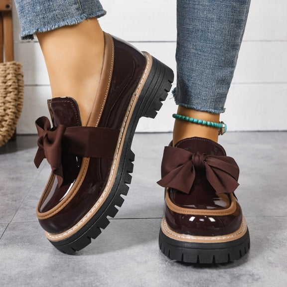 CQONEPT Women Bowknot Thick Sole Loafers Office Business Casual Patent Leather Shoes Cushioned Flats Shoes for Daily Wear Coffee 7.5