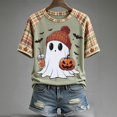 thumbnail image 4 of EANJE Halloween Shirts for Women Cute Ghost Shirt Fall Pumpkin T-Shirt Ghost Pumpkin Graphic Tees Casual Plaid Splice Short Sleeve Tops Light Green 3XL, 4 of 5
