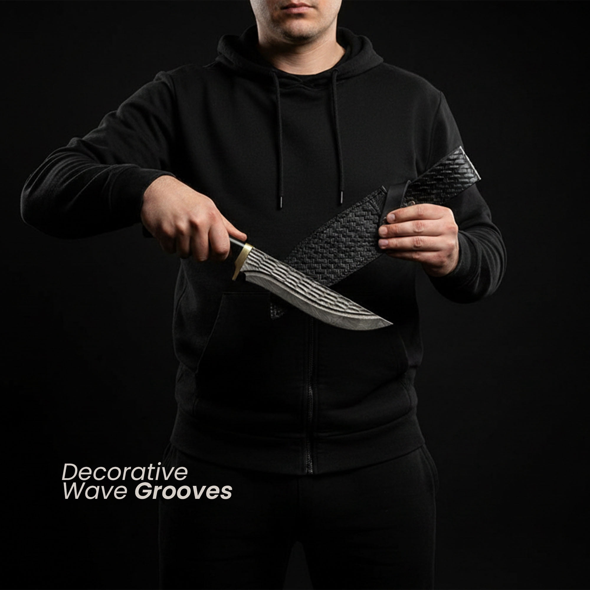 SANZ 12 Inch Wave Fixed Blade Hunting Knife Decorative Grooved Blade Brass Guard Horn and Leather Handle with Sheath Outdoor Utility Knife