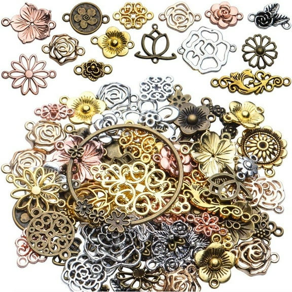 100 Gram Tibetan Style Mixed Flower Shape Pendants Metal Beads Link Charms ，Jewelry Connectors, for DIY Earring Necklace Jewelry Making