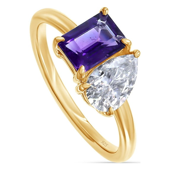 1.70 CT 7X5MM Emerald Shape Natural Amethyst & 8X5MM Pear Cut Lab Created Moissanite Diamond Toi Et Moi 2-Stone Engagement Ring For Women In 14K Yellow Gold Over Sterling Silver (1.70 Cttw)-12