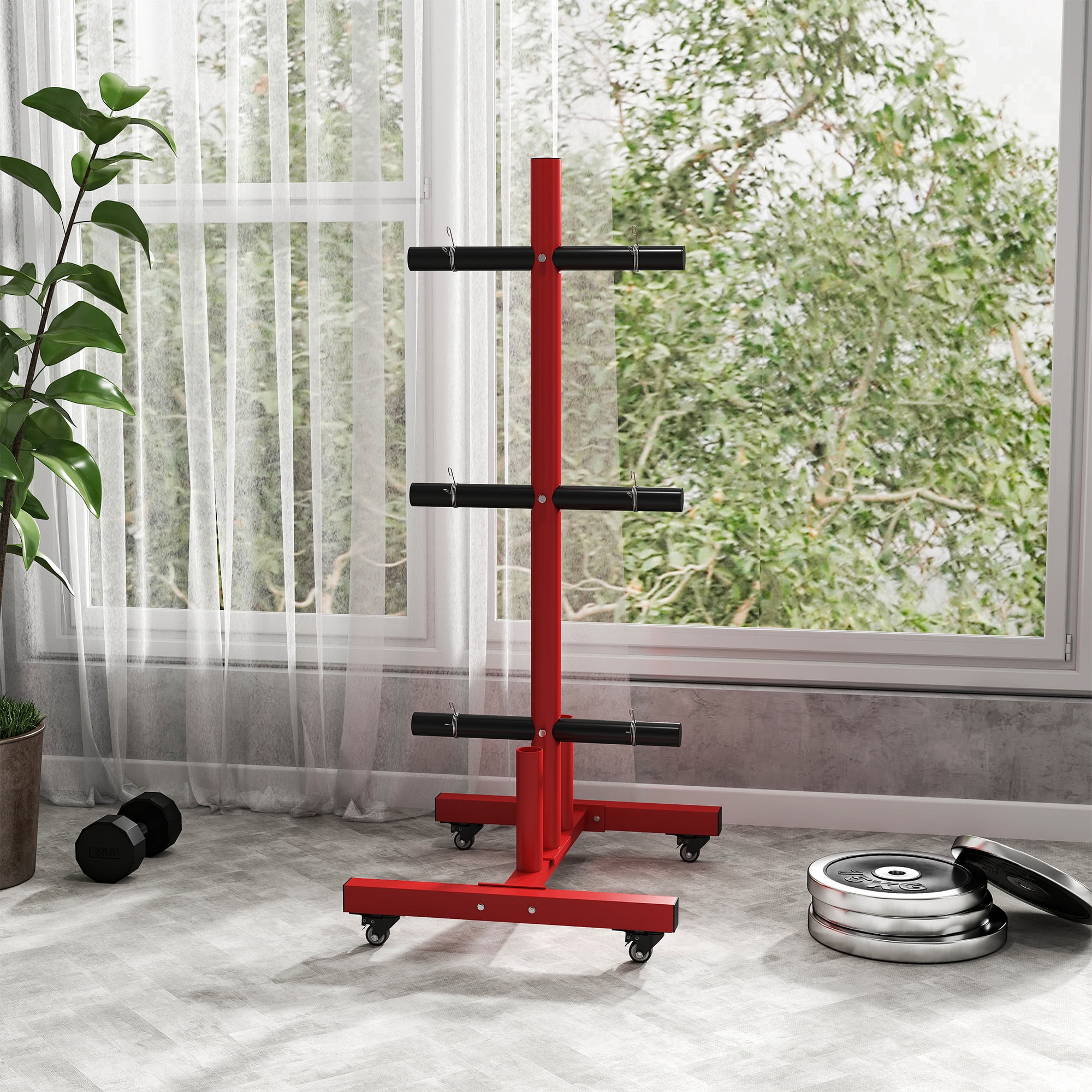Soozier Olympic Weight Plate Rack for 2 Bars and 2 In. Plates, Barbell Storage Stand with Transport Wheels and Fasteners, 440 lbs. Capacity, Red