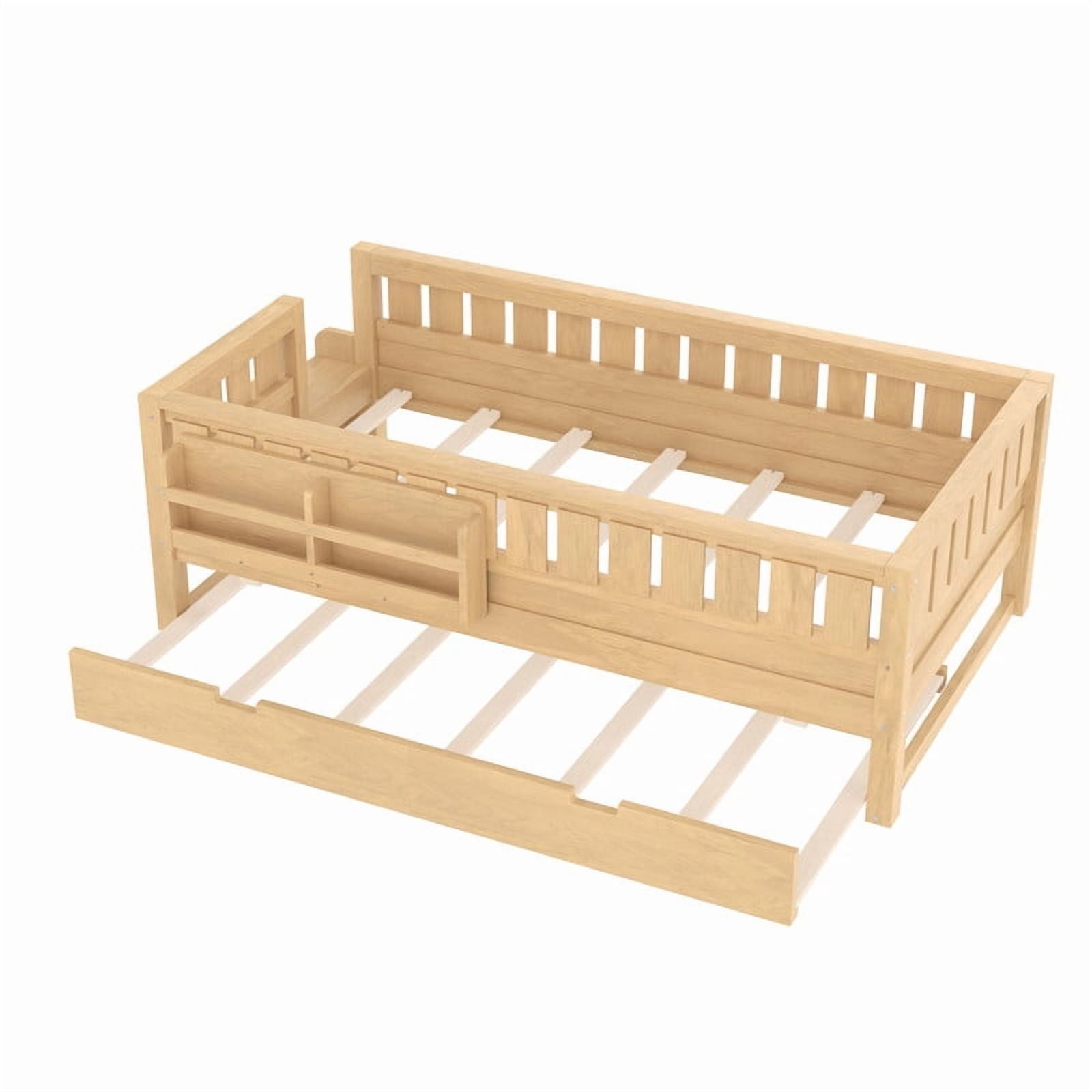 Twin Size Low-Profile Kid's Platform Bed with Built-in Bookshelves & Small Staircase, Wooden Bed Frame with Safety Rails & Trundle