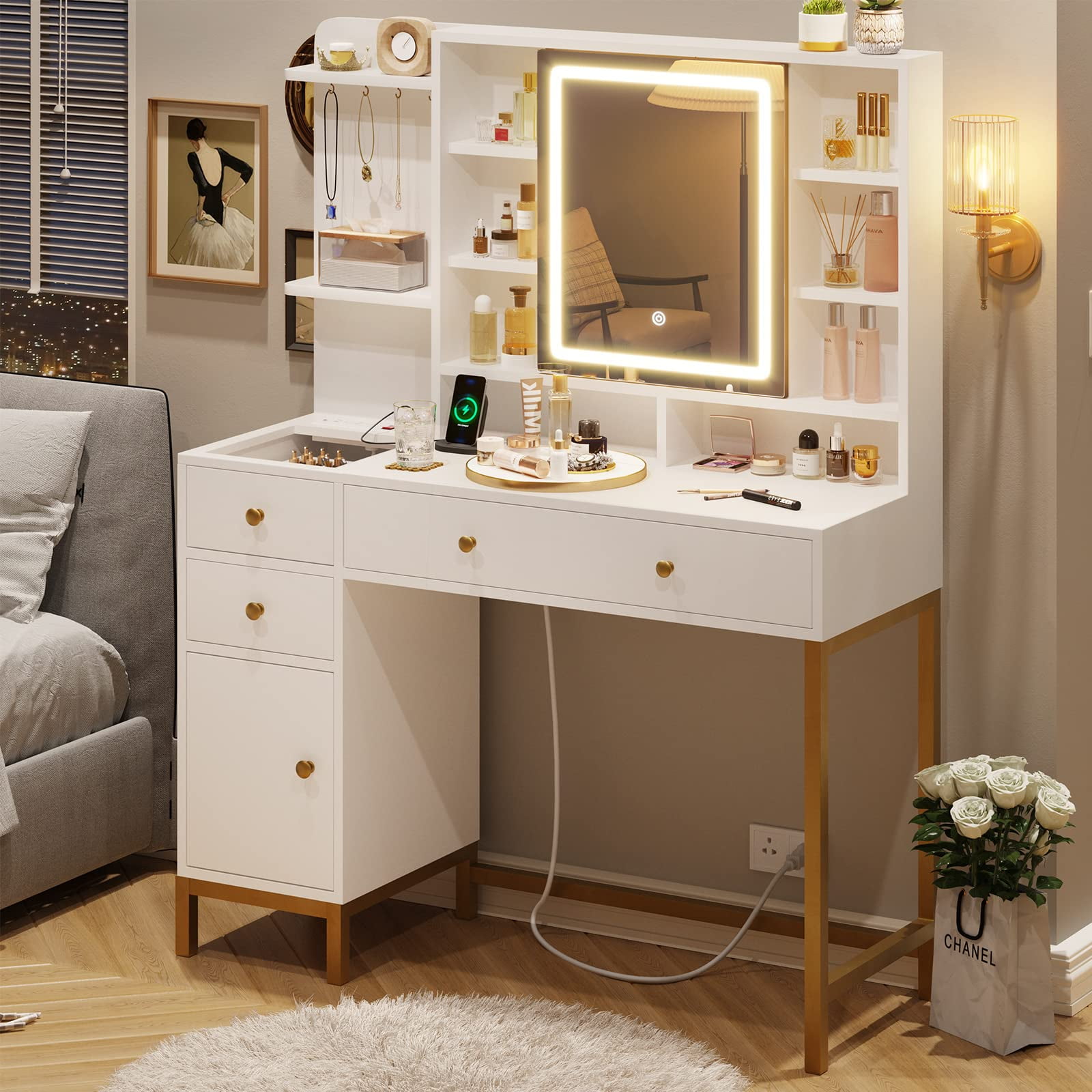 AOGLLATI Vanity Desk with Lighted Mirror White Vanity Table with Charging Station, Makeup Desk with Visible Drawers, Hidden Open Storage Shelves - Walmart.com