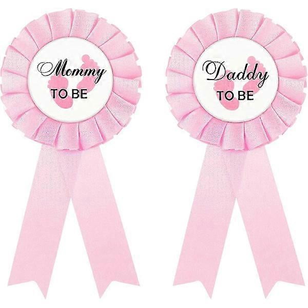 2 Pieces "Daddy" and "Mom" Tinplate Button Pins Gender Reveal Button Pins New Dad Mom Gifts for Baby Shower Party (Pink)